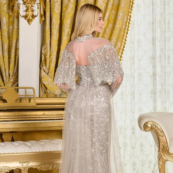 New Dark Silver Rhinestones Embellished Mother Of Bride Mesh Dress GL3705 - Picture 12 of 16